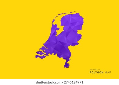 Netherlands Map - Low poly polygon map in vibrant purple gradient on bold yellow background, modern minimal geometric style, clean digital vector illustration.