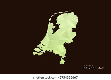 Netherlands Map - Low poly polygon map in soft light green gradient on dark brown background, modern minimal geometric style, clean abstract vector illustration design.