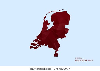 Netherlands Map - Low poly polygon map in deep red gradient on light blue background, modern minimal geometric design, vector illustration with faceted triangulated style.