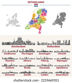 Netherlands map with main cities on it. Dutch cities skylines illustrations in black and white color palette. Vector set