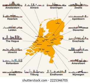 Netherlands map with main cities skylines. Vector illustration