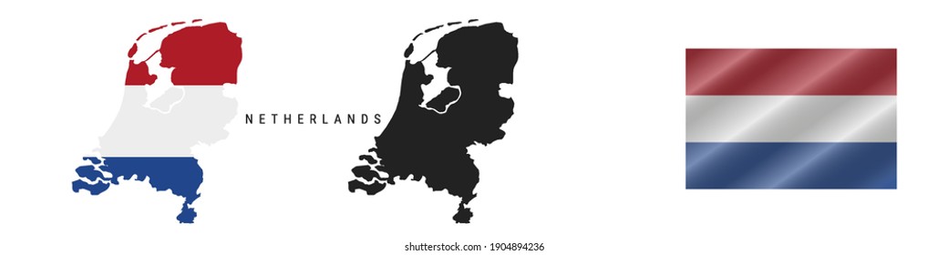 Países Bajos. Mapa con bandera enmascarada. Silhouette detallada. Bandera ondeando. Ilustración vectorial aislada en blanco.
