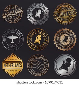 Netherlands Map Metal Stamps. Gold Made In Product Seal. National Logo Icon. Symbol Design Insignia Country.