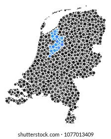 Netherlands Map mosaic of round spots in variable sizes. Random round elements are grouped into Netherlands Map mosaic. Vector geographical map design concept.