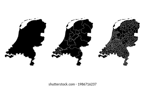 Netherlands map municipal, region, state division. Administrative borders, outline black on white background vector illustration.