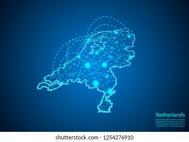 netherlands map with nodes linked by lines. concept of global communication and business. Dark netherlands map created from white dots with travel locations or internet connection.