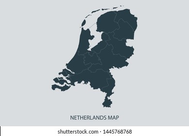 Netherlands map on gray background vector, Netherlands Map Outline Shape Gray on White Vector Illustration, Map with name. High detailed Gray illustration map Netherlands. Eps10.