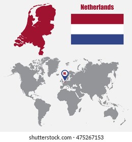 Netherlands map on a world map with flag and map pointer. Vector illustration