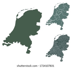 Netherlands map outline vector with administrative borders, regions, municipalities, departments in black white colors. Infographic design template map.