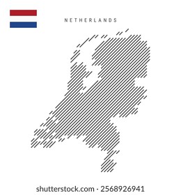 Netherlands map from pattern of black slanted parallel lines. Holland map with gray diagonal lines. Silhouette of a country made of oblique hatching. Vector illustration isolated on white.