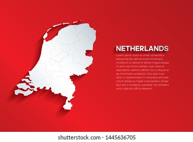 Netherlands Map with shadow. Cut paper isolated on a red background. Vector illustration. 