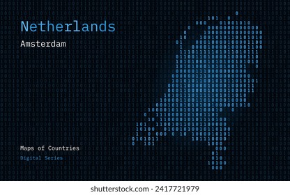 Mapa neerlandés mostrado en el modelo de código binario. TSMC. Números de la matriz azul, cero, uno. Mapas de vectores de países mundiales. Serie digital	