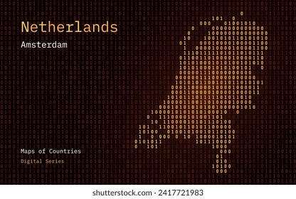 Netherlands Map Shown in Binary Code Pattern. TSMC. Blue Matrix numbers, zero, one. World Countries Vector Maps. Digital Series	