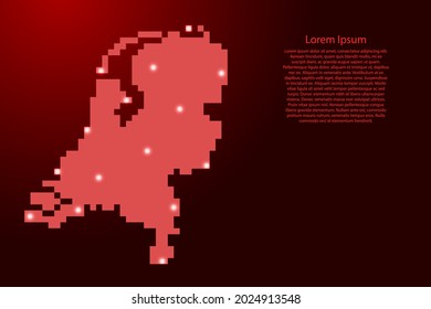Netherlands map silhouette from red square pixels and glowing stars. Vector illustration.