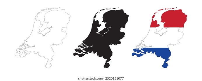 Netherlands map in various style outline, icon, black color, border, flag colors. Europe country icons collection. Vector illustration