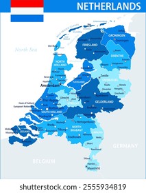 Netherlands Map Vector Blue Spot - Customizable layered political map of Netherlands with administrative divisions for website, education, reports, news, politics, print, poster and wallpaper