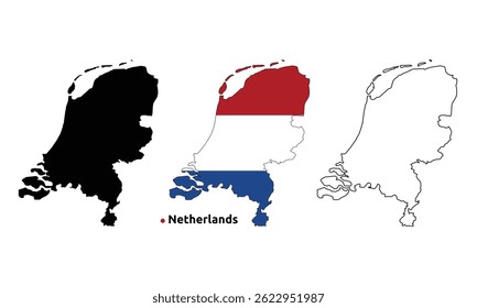 Países Bajos Mapa Vector - Country Esquema, Bandera Dentro del Mapa, En Blanco y Versión de Silueta