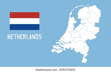 Netherlands map. Vector Netherlands map with Netherlands flag isolated on blue background.	