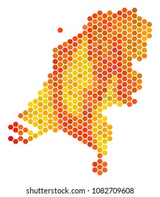 Netherlands map. Vector hex-tile geographic scheme in orange color variations. Impressive Netherlands map composition is combined with hot hexagonal pixels.