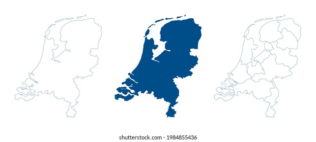 Netherlands map vector. High detailed vector outline, blue silhouette and administrative divisions map of Netherlands. All isolated on white background. Template for website, design, cover