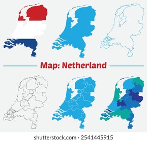 Países Bajos mapa Vector. Alto contorno detallado del Vector, silueta azul y mapa de las divisiones administrativas de los Países Bajos. Todo aislado en el fondo blanco