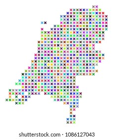 Netherlands map. Vector mosaic of geographic scheme. Regular pattern is composed with x-cross items in random colors.