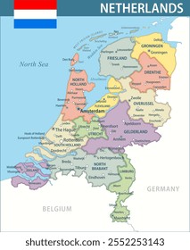 Netherlands Map Vector New 2024 Colorful - Customizable layered political map of Netherlands with administrative divisions for website, education, reports, news, politics, print, poster and wallpaper