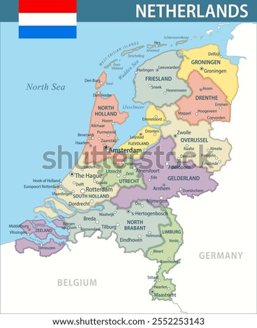 Netherlands Map Vector New 2024 Colorful - Customizable layered political map of Netherlands with administrative divisions for website, education, reports, news, politics, print, poster and wallpaper