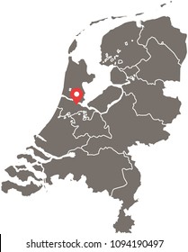 Netherlands map vector outline illustration with provinces or states borders and capital location, Amsterdam, in gray background. Highly detailed accurate map of Holland in a creative graphic design