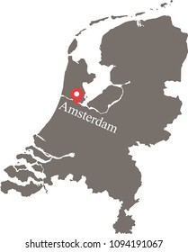 Netherlands map vector outline illustration with capital location and name, Amsterdam, in gray background. The borders of provinces or states are not included on this map for aesthetic appeal.