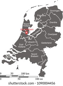 Netherlands map vector outline with scales of miles and kilometers and provinces names labeled in gray background. Holland map with mileage and kilometer scales 