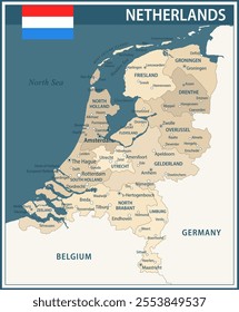 Netherlands Map Vector Vintage Dark Blue Beige - Customizable layered political map of Netherlands with administrative divisions for website, education, reports, news, politics, print, poster and wall