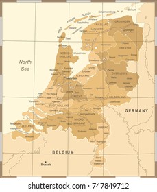 Netherlands Map - Vintage Detailed Vector Illustration