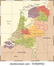 Netherlands Map - Vintage Detailed Vector Illustration