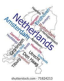 Netherlands map and words cloud with larger cities