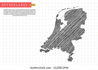 Mapa de los Países Bajos - Mapa Mundial Plantilla vectorial internacional con esbozo negro de dibujo gráfico y estilo de escuela antiguo aislado en fondo de cuadrícula blanca - Ilustraciones vectoriales 10