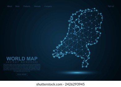 Netherlands Map - World Map mash line and point scales on blue technology background. Wire Frame 3D mesh polygonal network line, design sphere, dot and structure - Vector illustration eps 10