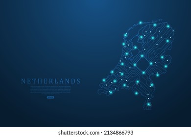 Netherlands Map - World map vector template with Abstract futuristic circuit board Illustration or High-tech technology mash line and point scales on dark background - Vector illustration ep 10