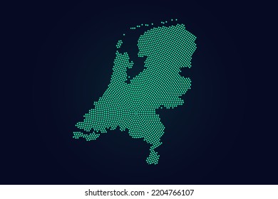 Netherlands Map - World map vector template with green dots, grid, grunge, halftone style isolated on dark background for education, infographic, design, website - Vector illustration eps 10