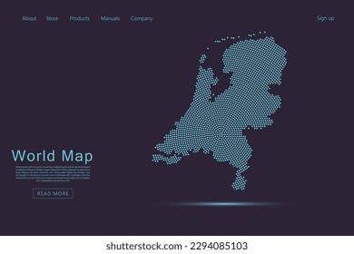 Netherlands Map - World map vector template with blue dots, grid, grunge, halftone style isolated on dark purple background for website, infographic, technology design - Vector illustration eps 10