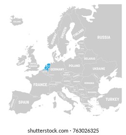 Netherlands marked by blue in grey political map of Europe. Vector illustration.