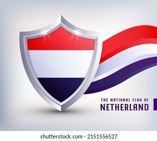 Diseño vectorial de la bandera metálica del escudo de los Países Bajos. Plantilla de diseño de Escudo de Bandera de los Países Bajos. Diseño de la bandera nacional del día independiente de los Países Bajos.