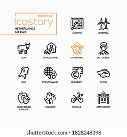Netherlands - modern line design style icons set. Travel, traditions and culture idea. Holland painting, windmill, Dutch girl and boy, stroopwafel, clogs, flowers, bicycle, Amsterdam black pictograms