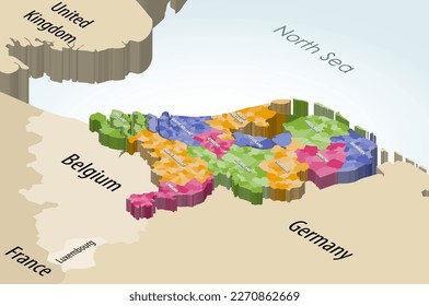 Netherlands municipalities isometric map with neighbouring countries