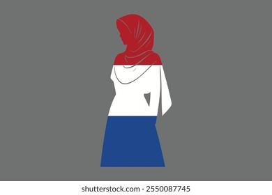 Niña musulmana de los Países Bajos con hiyab de la bandera de Francia, gráfico del Vector de la bandera de los Países Bajos, bandera de los Países Bajos es un símbolo de la libertad, bandera nacional de los Países Bajos, Ilustración vectorial
