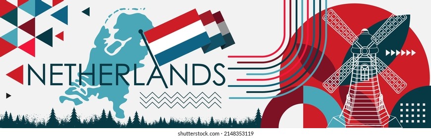Netherlands national day banner design. Dutch flag and map theme with Amsterdam landmark background. Abstract geometric retro shapes of red and blue color. Holland Vector illustration. 