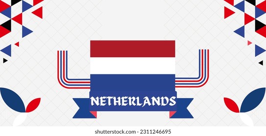 Netherlands national day banner design. Dutch flag and map theme with Amsterdam landmark background. Abstract geometric retro shapes of red and blue color. Holland Vector illustration.
