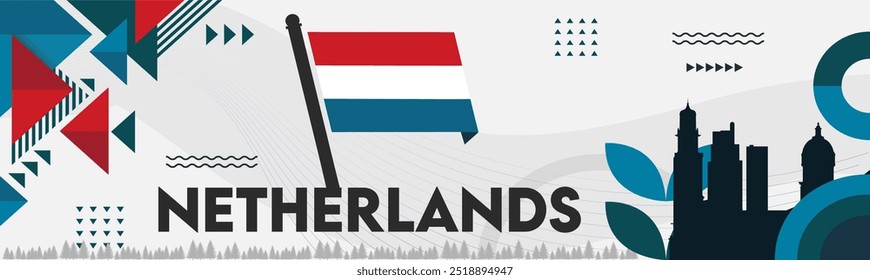 Diseño de Anuncio de día nacional de los Países Bajos. Fondo de la bandera holandesa. Abstractas Formas geométricas retro. 
 Ilustración vectorial Holanda.