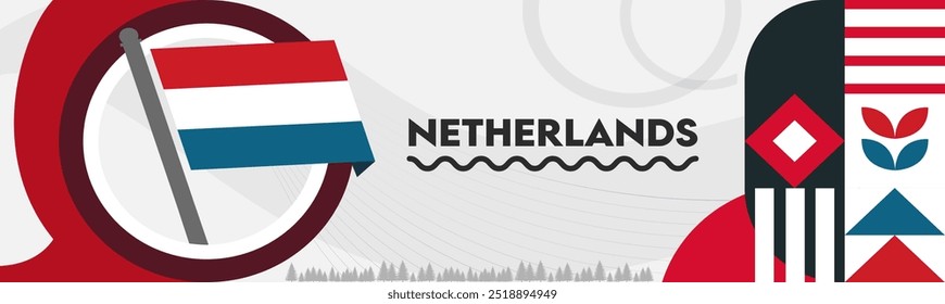 Diseño de Anuncio de día nacional de los Países Bajos. Fondo de la bandera holandesa. Abstractas Formas geométricas retro. 
 Ilustración vectorial Holanda.