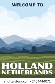 Netherlands national day poster design illustration. European tourism and travel banner. Beautiful summer fields.